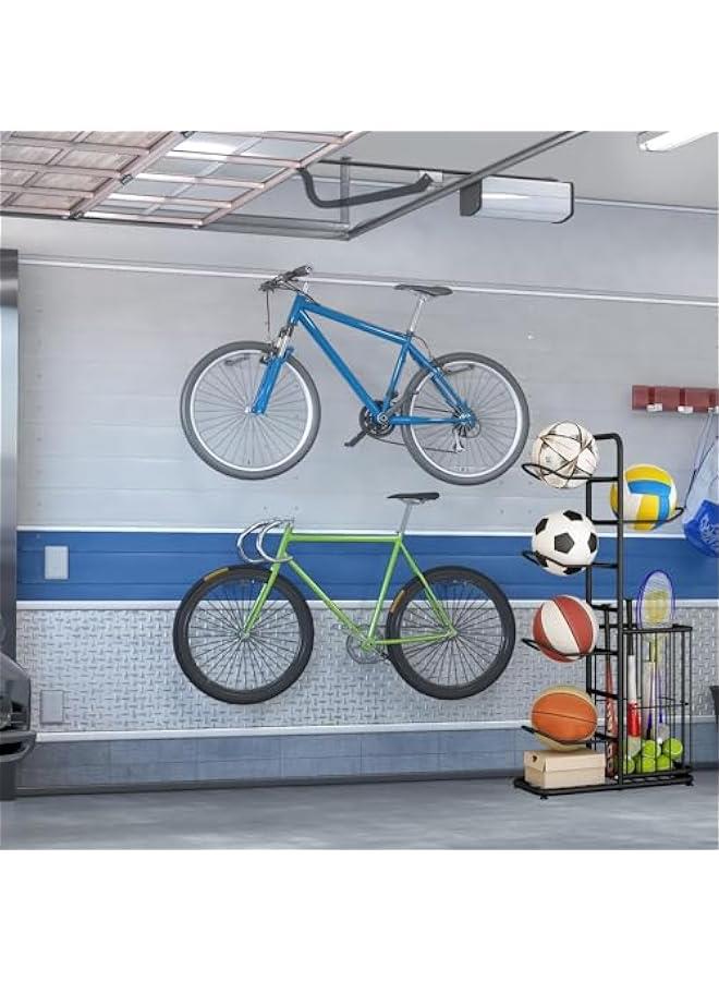 هوكور رف تخزين كرات من تراسل حامل كرة القدم مرآب الكرة الكرات المعدات الرياضية للمراب منظم السلة مع سلة الالعاب / في الاماكن المغلقة ستانلس ستيل أسود - Image 5