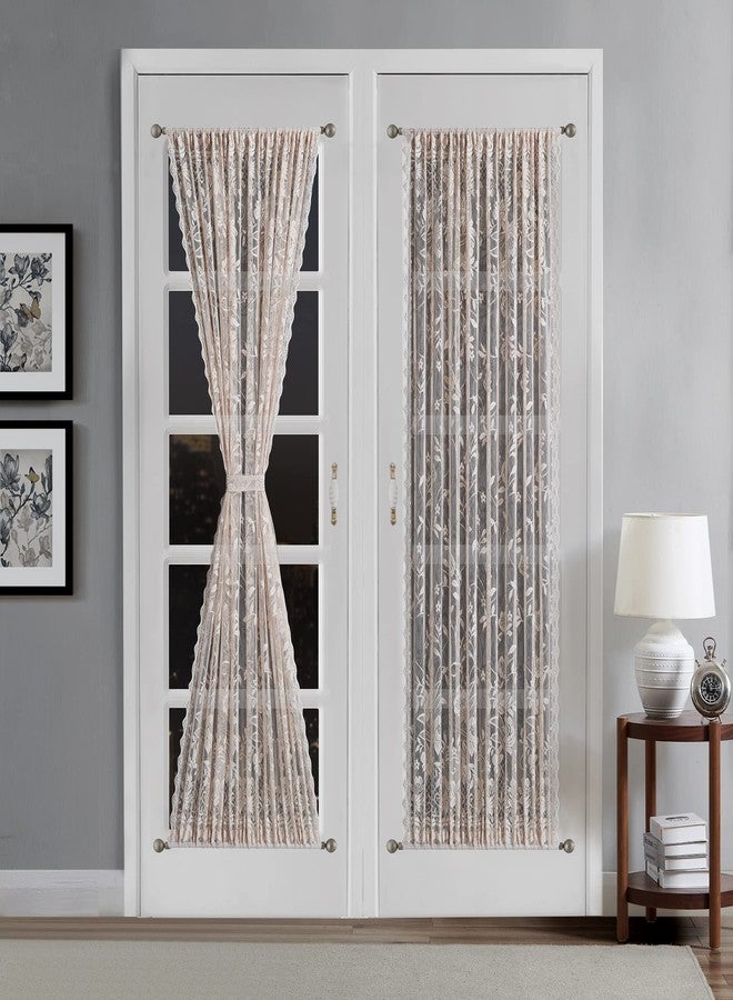 LinenZone Golden Linen French Door Curtains with Elegant Floral Design. Each Pair of 2 52 by 72 Inch Length Curtains Come with 2 Matching Tie-Backs. Lace Curtain for Door Window. (Rosa 52 x 72 Linen) - Image 1