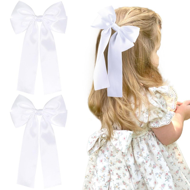 NCMAMA 2Pcs Hair Bows for Girls Hair Clip White Silk Hair Bow Ribbon Hair Accessories for Women Toddlers Infant Teens Kids - Image 1