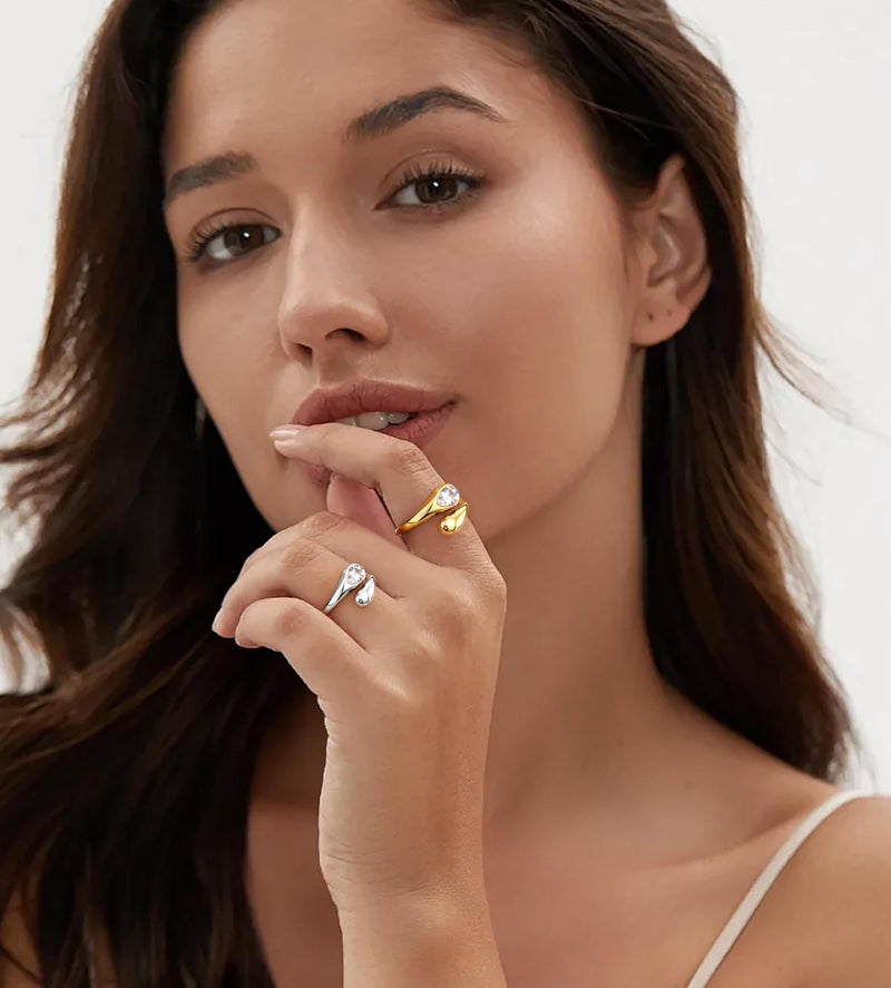 Poxtex Size 8 Love Diamond Gold Silver Rings for Women, Adjustable Couple Wedding Band Pinky Thumb Fingers - Image 2