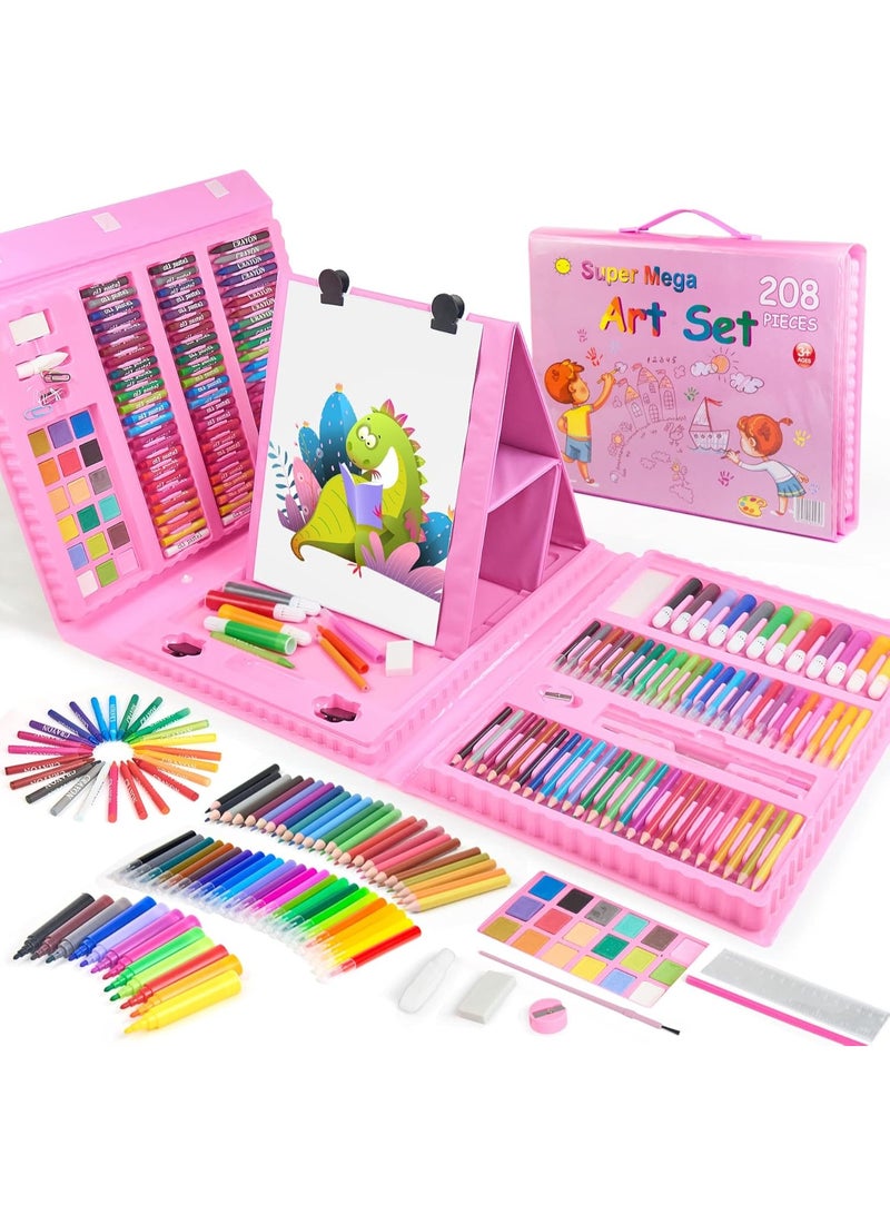 سوبر ميجا 208 قطعة من اللوازم الفنية، مجموعة فن الرسم للاطفال البنات والاولاد والمراهقين، حقيبة مجموعة فنية مع حامل ثلاثي الطيات، تتضمن الوان باستيل زيتي، اقلام ملونة، كتاب تلوين، مقص - وردي - Image 1