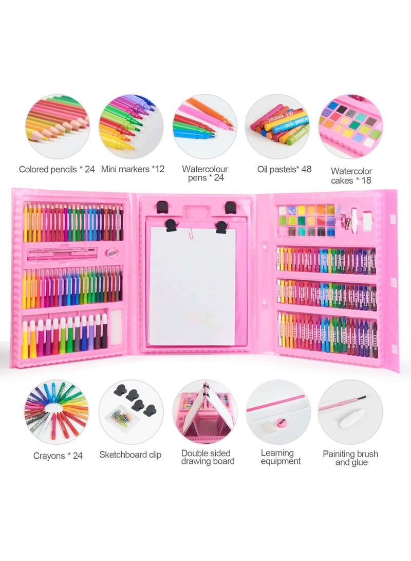 سوبر ميجا 208 قطعة من اللوازم الفنية، مجموعة فن الرسم للاطفال البنات والاولاد والمراهقين، حقيبة مجموعة فنية مع حامل ثلاثي الطيات، تتضمن الوان باستيل زيتي، اقلام ملونة، كتاب تلوين، مقص - وردي - Image 2
