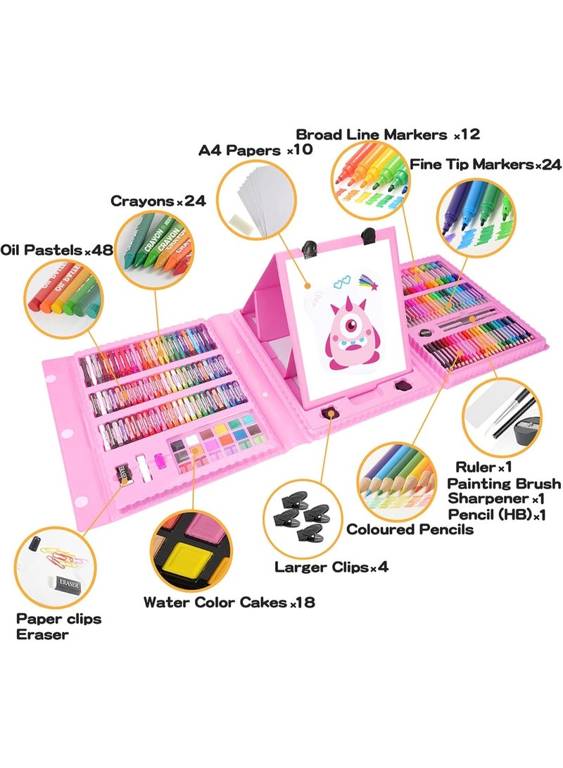 سوبر ميجا 208 قطعة من اللوازم الفنية، مجموعة فن الرسم للاطفال البنات والاولاد والمراهقين، حقيبة مجموعة فنية مع حامل ثلاثي الطيات، تتضمن الوان باستيل زيتي، اقلام ملونة، كتاب تلوين، مقص - وردي - Image 3