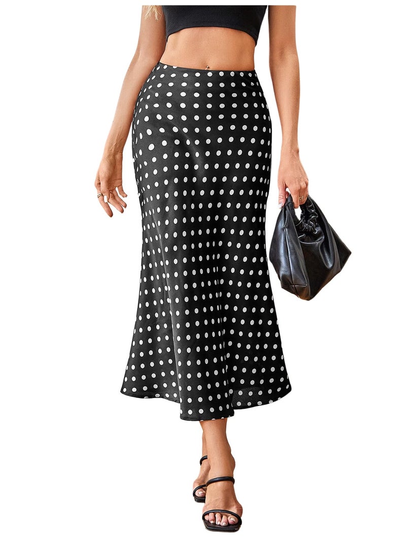 MakeMeChic Women's Polka Dots Midi Skirt Satin Silk Summer Flowy Pencil Long Skirts Black Medium - Image 1