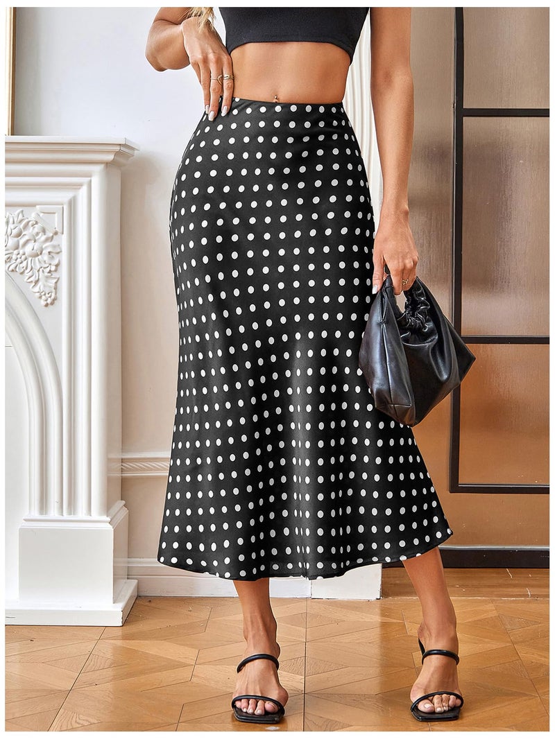 MakeMeChic Women's Polka Dots Midi Skirt Satin Silk Summer Flowy Pencil Long Skirts Black Medium - Image 3