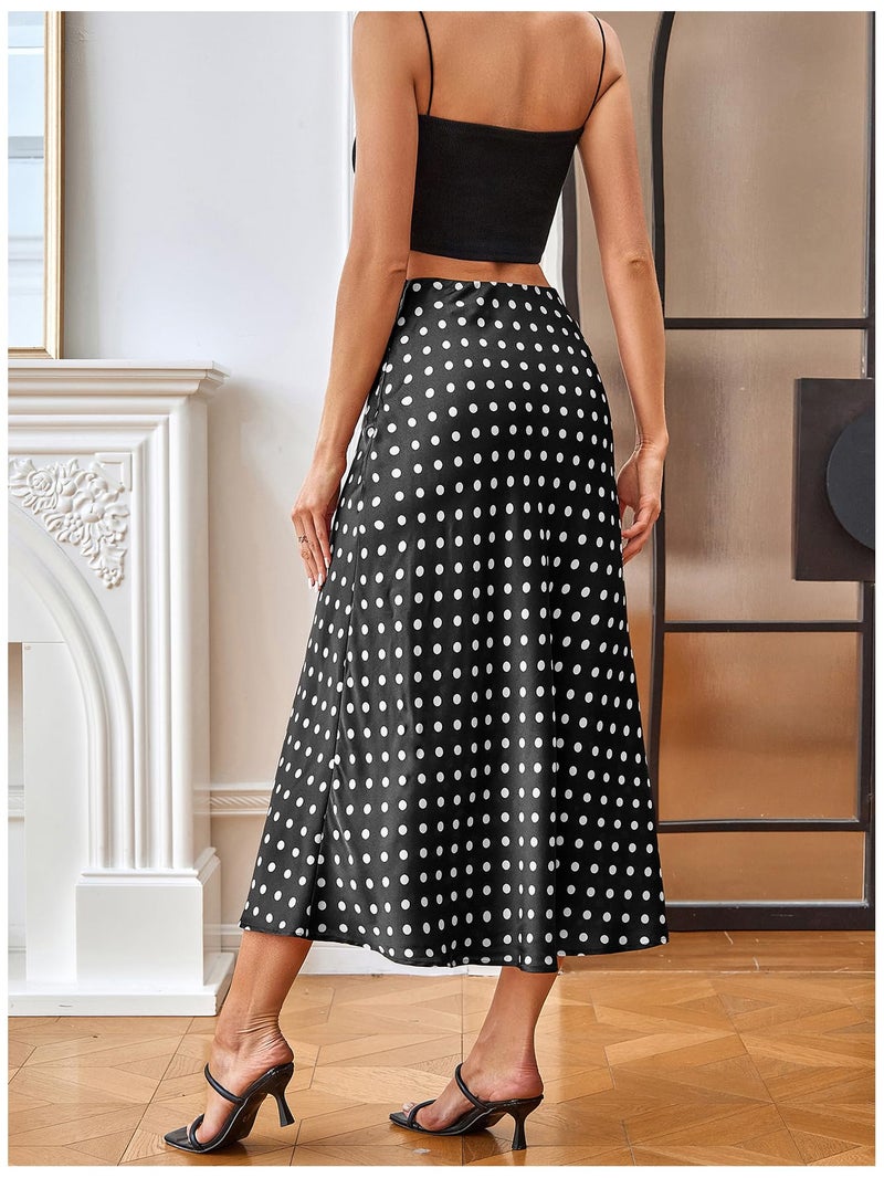 MakeMeChic Women's Polka Dots Midi Skirt Satin Silk Summer Flowy Pencil Long Skirts Black Medium - Image 4