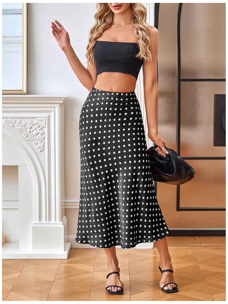 MakeMeChic Women's Polka Dots Midi Skirt Satin Silk Summer Flowy Pencil Long Skirts Black Medium - Image 5