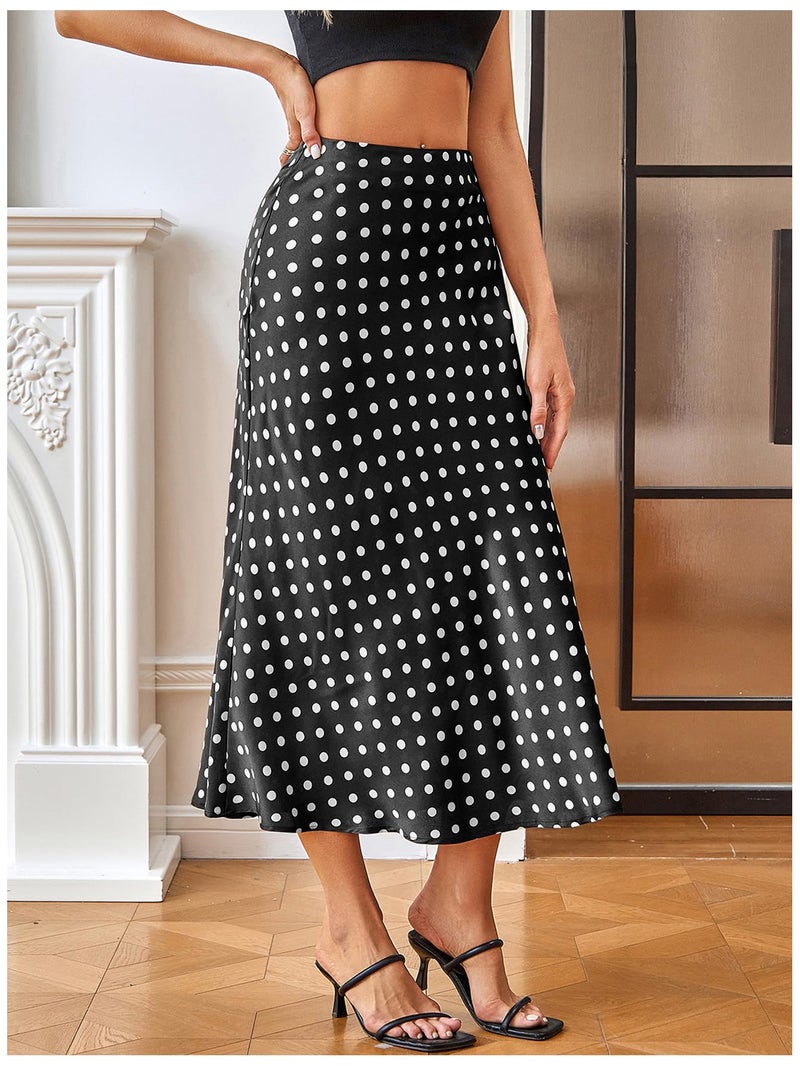 MakeMeChic Women's Polka Dots Midi Skirt Satin Silk Summer Flowy Pencil Long Skirts Black Medium - Image 2