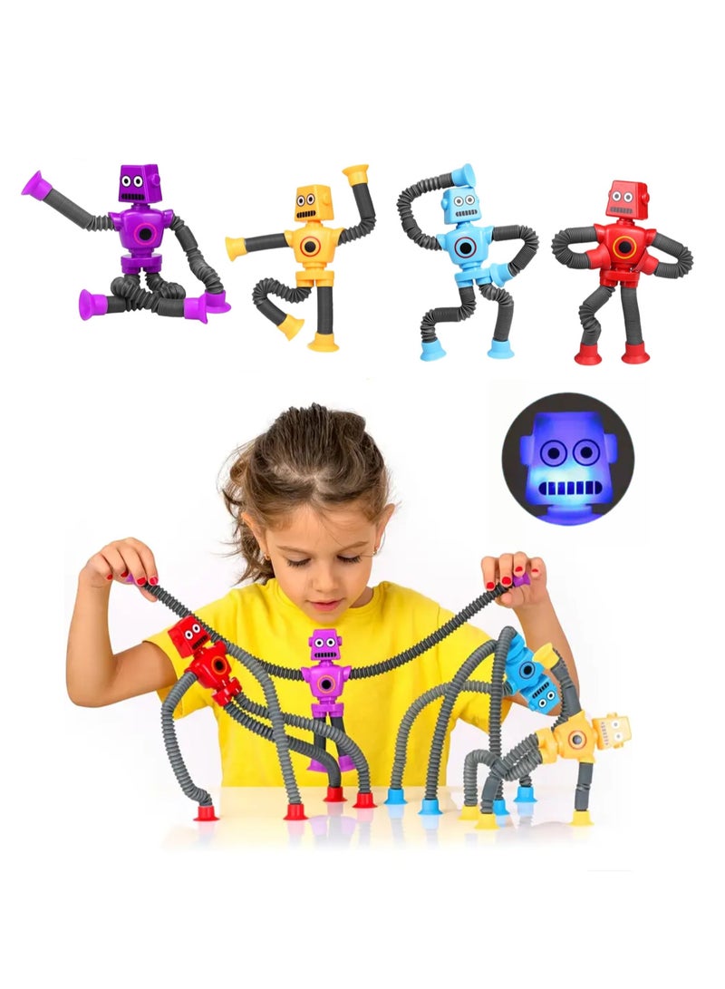 TFiOXL 4 Pcs Pop Tubes LED Robot Light Up Fidget Tubes Sensory Toys Robot Telescopic Suction Cup Stress Relief Toys Stuffers Party Favors Travel Toys for Kid - Image 1
