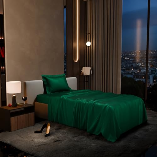 Stoa Paris Single Bedsheet with 1 Pillow Cover, 300TC Satin Premium Bedding Set, Home Decor, Wedding Gift for Couples, Housewarming, Anniversary, Date Night - Emerald Green - Image 1