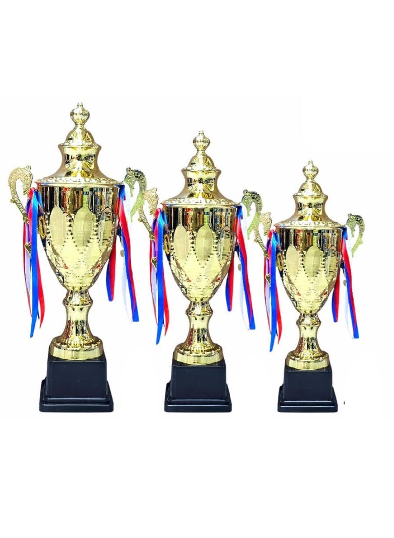 سبال مجموعة من 3 كؤوس ذهبية - 56 سم، 51 سم، 43 سم - كؤوس جوائز معدنية للفعاليات الرياضية، والمسابقات المدرسية، وكرة القدم، والكريكيت، وكرة السلة، والإنجازات الأكاديمية، وجوائز الشركات - Image 1
