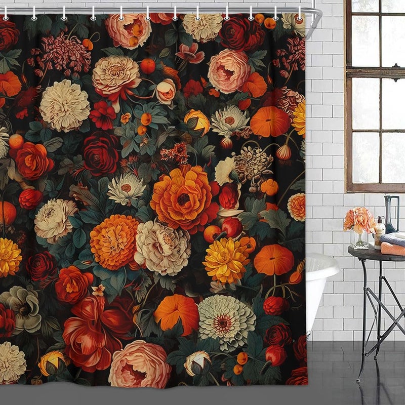 Drgilau Floral Shower Curtain  Vintage Floral Shower Curtain Set Red Flower Plants Bathroom Curtain  Boho Floral Shower Curtain Set with Hooks for Bathroom Decor 36X72 Inch - Image 1