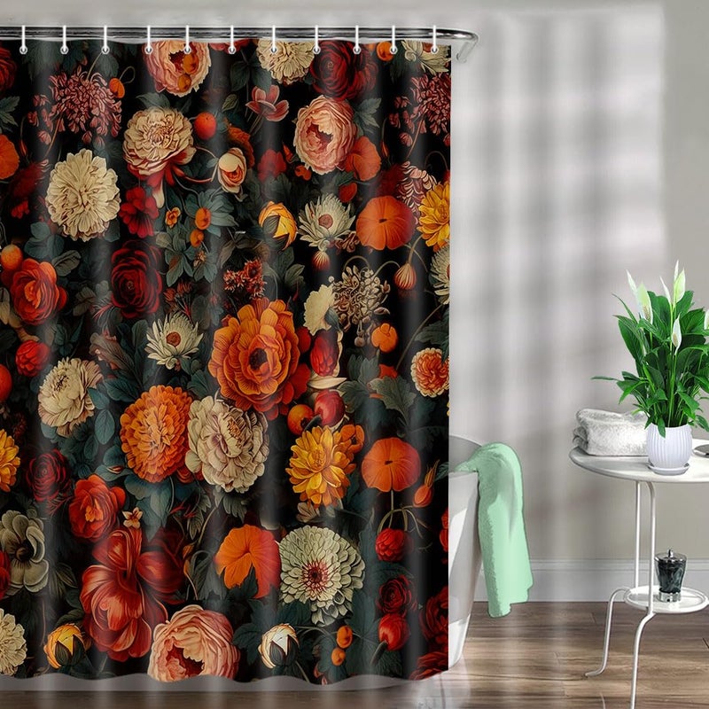 Drgilau Floral Shower Curtain  Vintage Floral Shower Curtain Set Red Flower Plants Bathroom Curtain  Boho Floral Shower Curtain Set with Hooks for Bathroom Decor 36X72 Inch - Image 2
