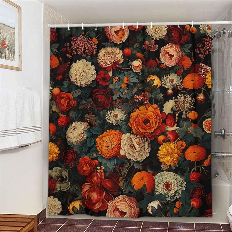 Drgilau Floral Shower Curtain  Vintage Floral Shower Curtain Set Red Flower Plants Bathroom Curtain  Boho Floral Shower Curtain Set with Hooks for Bathroom Decor 36X72 Inch - Image 3