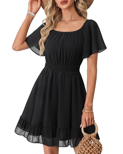 Timeson Womens Summer Dresses Casual: Formal Elegant Flowy Chiffon Flattering Short Sleeve Black Dress Wedding Guest Work Office — Womens Sundresses Trendy Date Night Daily Wear Curvy Spring Outfits - Image 1