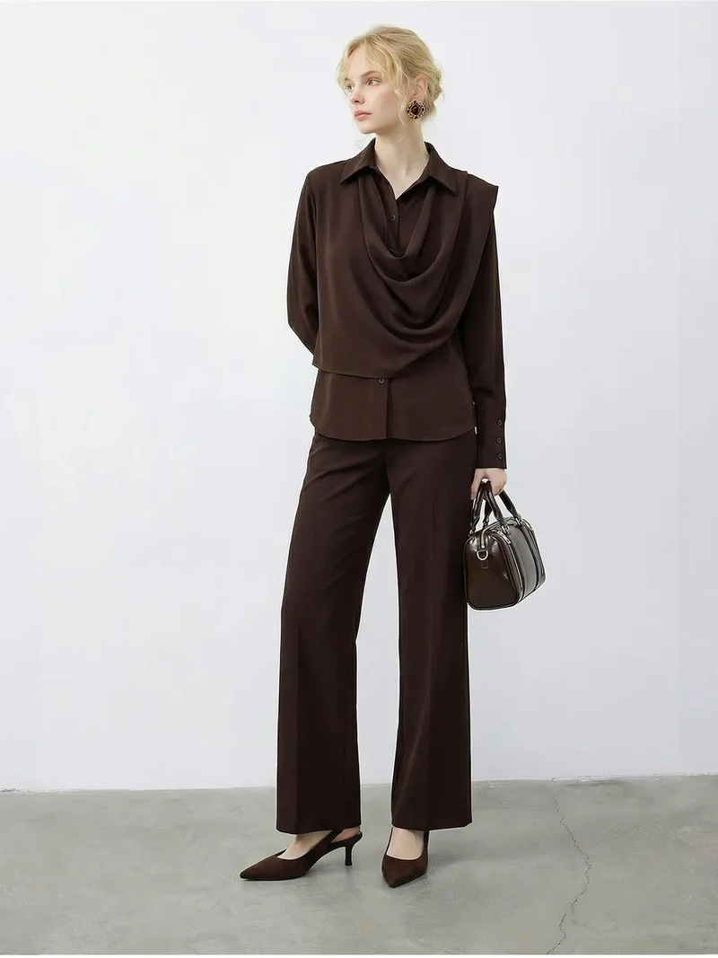 Bianco Lucci Dark Mocha Brown LUCCI Shawl Detailed Blouse and High Waist Wide Leg Pants Two-Piece Set for Women | Best Price UAE