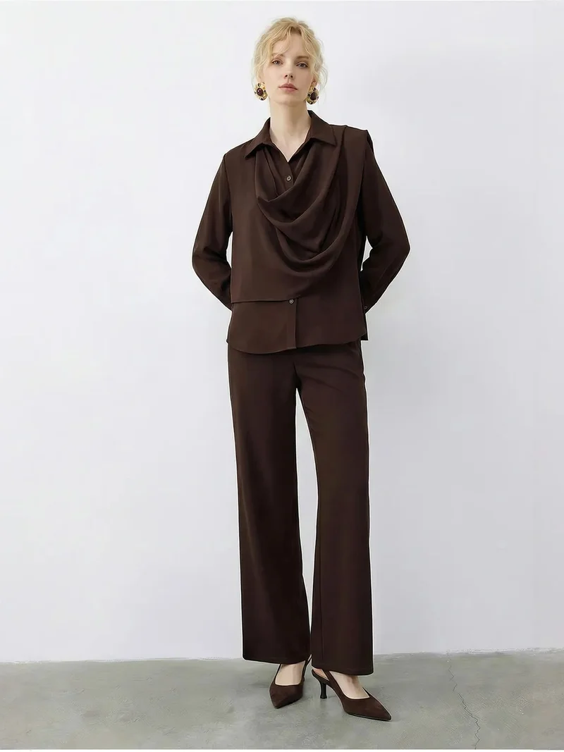 Bianco Lucci Dark Mocha Brown LUCCI Shawl Detailed Blouse and High Waist Wide Leg Pants Two-Piece Set for Women | Best Price UAE