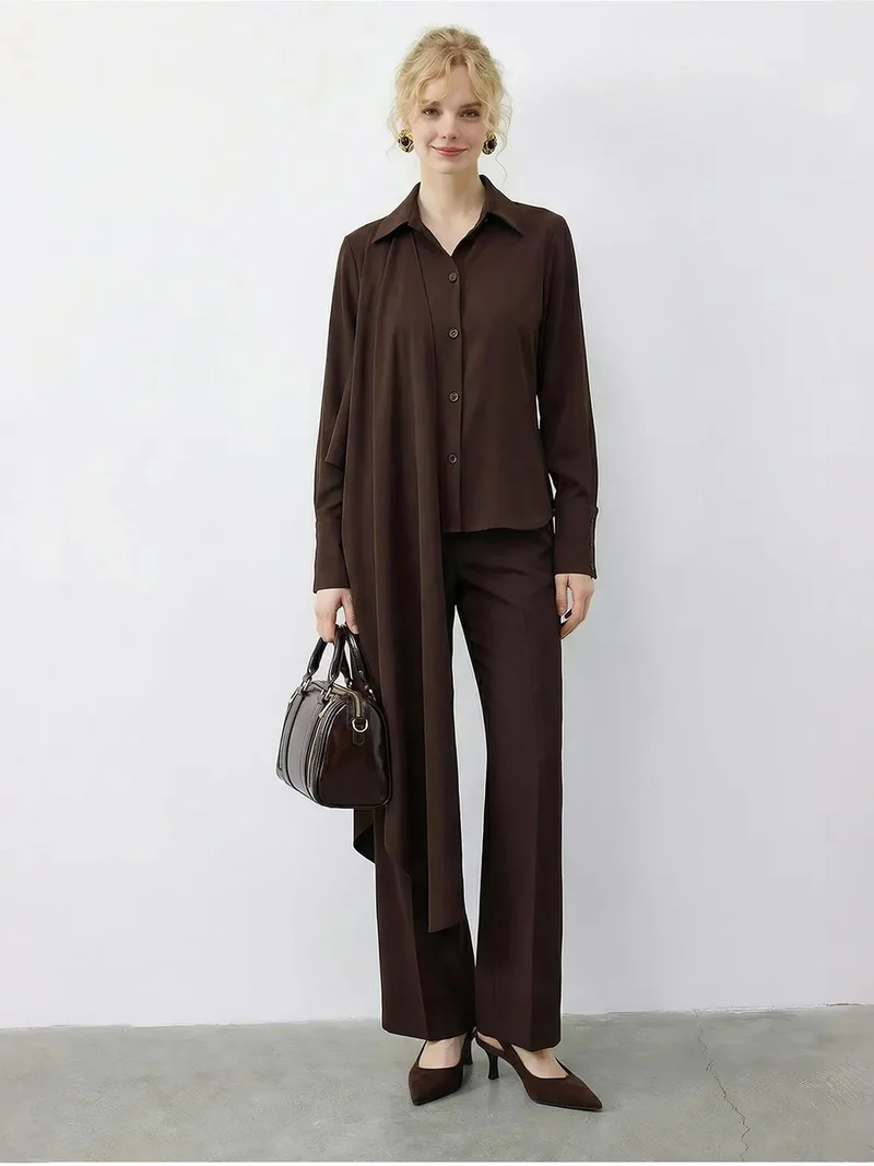 Bianco Lucci Dark Mocha Brown LUCCI Shawl Detailed Blouse and High Waist Wide Leg Pants Two-Piece Set for Women | Best Price UAE