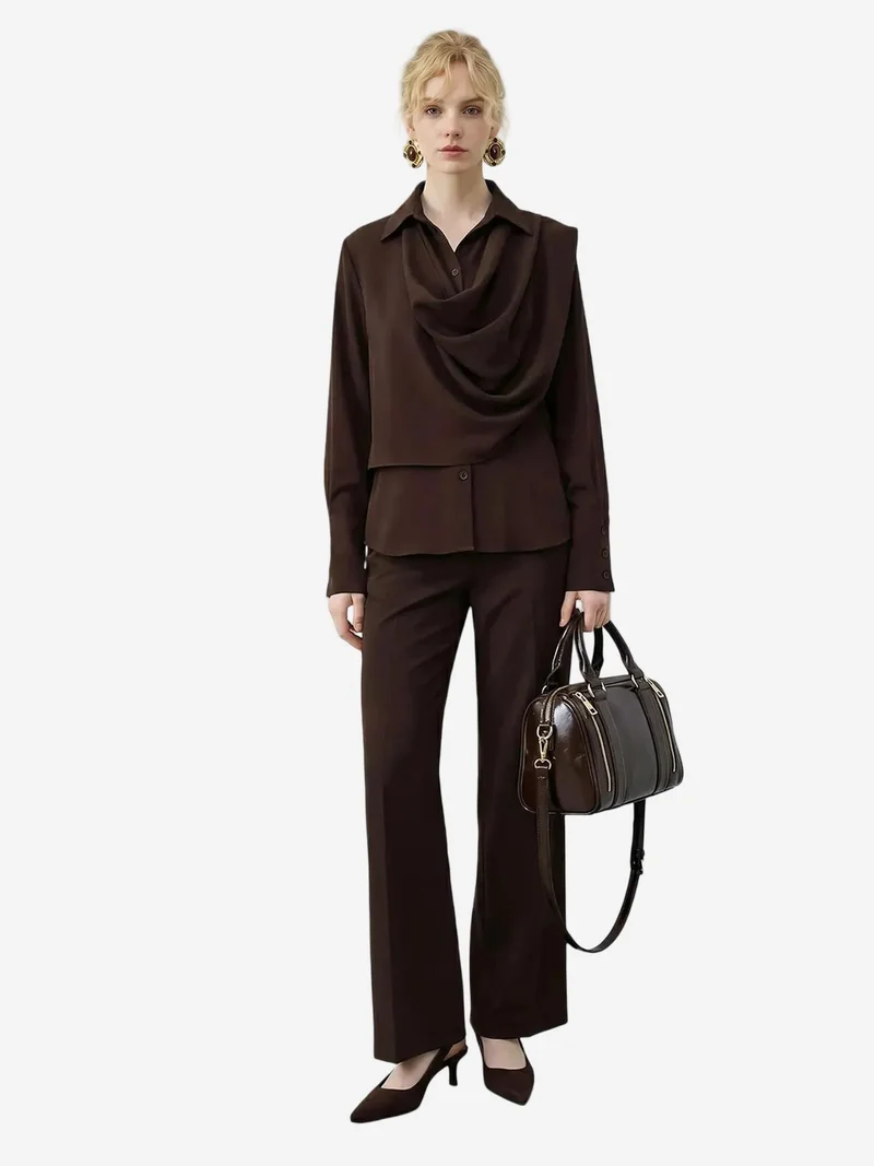 LUCCI Shawl Detailed Blouse and High Waist Wide Leg Pants Two-Piece Set