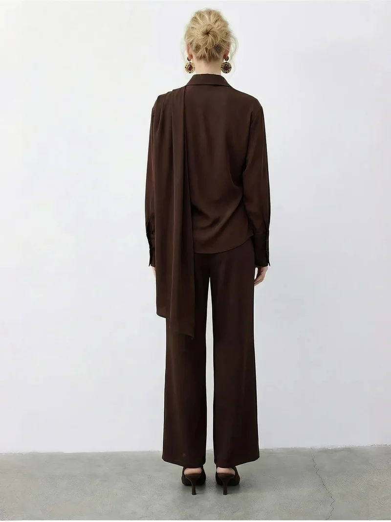 Bianco Lucci Dark Mocha Brown LUCCI Shawl Detailed Blouse and High Waist Wide Leg Pants Two-Piece Set for Women | Best Price UAE