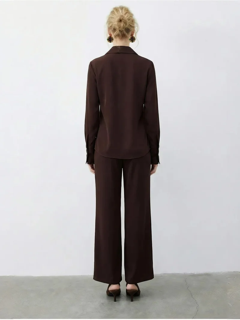 Bianco Lucci Dark Mocha Brown LUCCI Shawl Detailed Blouse and High Waist Wide Leg Pants Two-Piece Set for Women | Best Price UAE