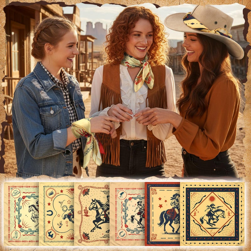 Berlune 6/12 Pcs Western Cowgirl Bandanas Gifts Bulk 21 x 21'' Wild Rags for Women Western Cowgirl Cowboy Head Scarf Wrap(6 Pcs,Vintage) - Image 3