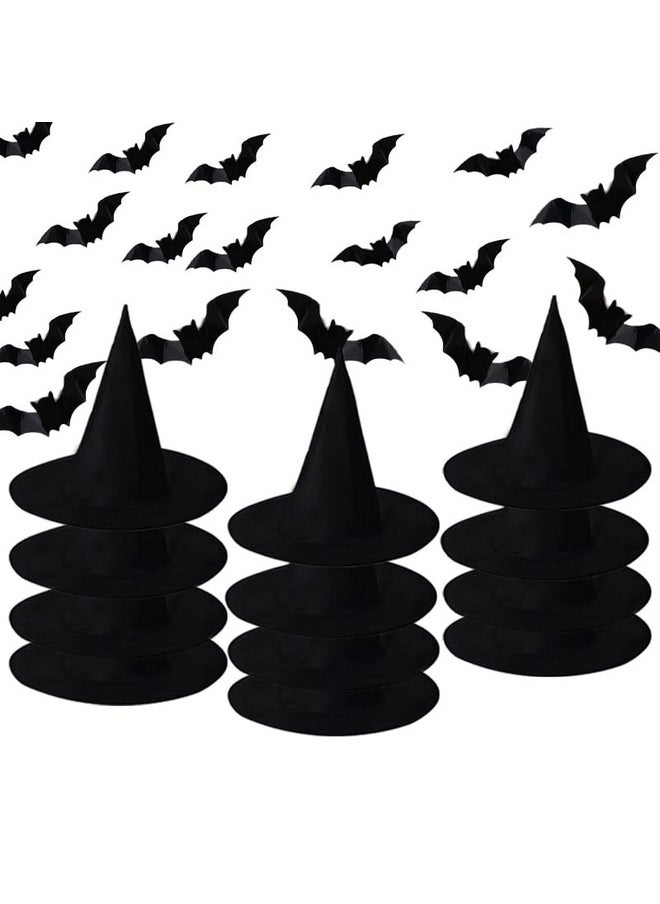 Orgrimmar 12 Pcs Halloween Witch Hats With Hanging Pope, 32 3D Pcs Bat Stickers For Halloween Party Decorations, Outdoor And Indoor Hanging Decorations  - Image 1