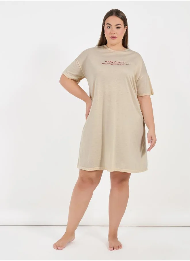 Styli Plus Size Drop Shoulder Slogan Sleep T-Shirt Dress