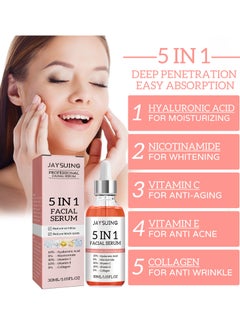 Jaysuing 5 In 1 Moisturizing Whitening Facial Serum, With Hyaluronic Acid Niacinamide Collagen Vitamin , Fast Absorbing Dark Spot Corrector Serum, Anti Wrinkles SerumFor Age Defying Beauty 30ml  - Image 2