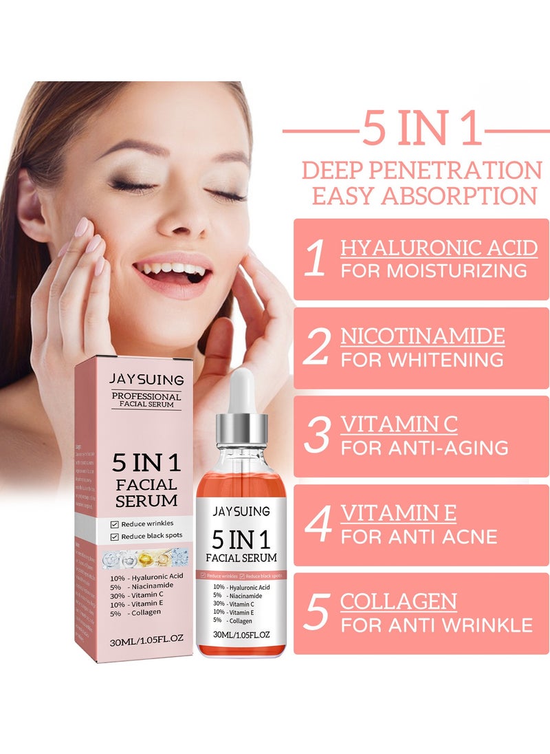 Jaysuing - 5 In 1 Moisturizing Whitening Facial Serum, With Hyaluronic Acid Niacinamide Collagen Vitamin , Fast Absorbing Dark Spot Corrector Serum, Anti Wrinkles SerumFor Age Defying Beauty 30ml - Image 1