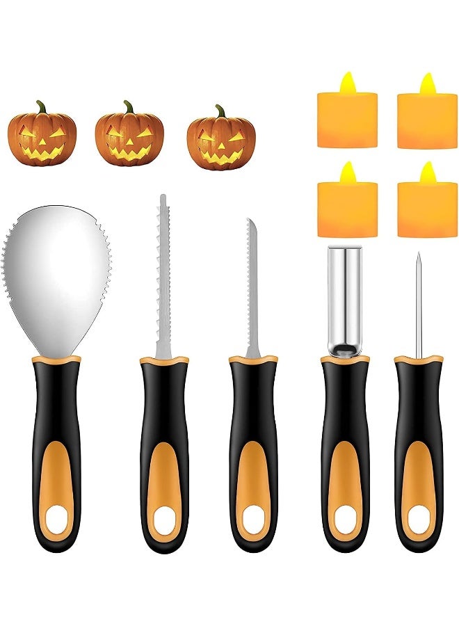 Yixiang Halloween Pumpkin Carving Kit, 5 Pieces Heavy Duty Professional Stainless Steel Carving Tools Set for Halloween Decorations, Included 2 LED Candles & 4 Carving Stencils, Easily Sculpting - Image 1
