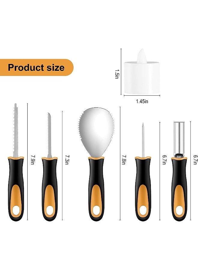 Yixiang Halloween Pumpkin Carving Kit, 5 Pieces Heavy Duty Professional Stainless Steel Carving Tools Set for Halloween Decorations, Included 2 LED Candles & 4 Carving Stencils, Easily Sculpting - Image 2