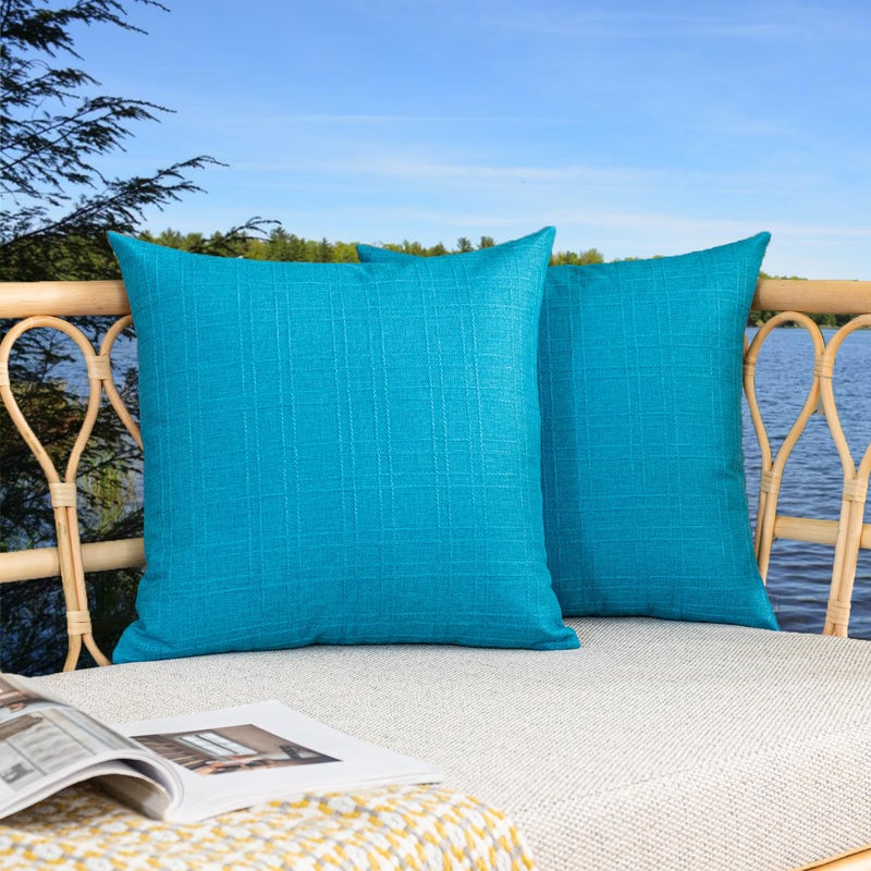 Kevin Textile Pack of 2 Outdoor Waterproof Throw Pillow Covers Solid Checkered Linen Decorative Farmhouse Pillowcases for Garden Patio Tent Balcony Couch Sofa 24 x 24 Peacock Blue - Image 2