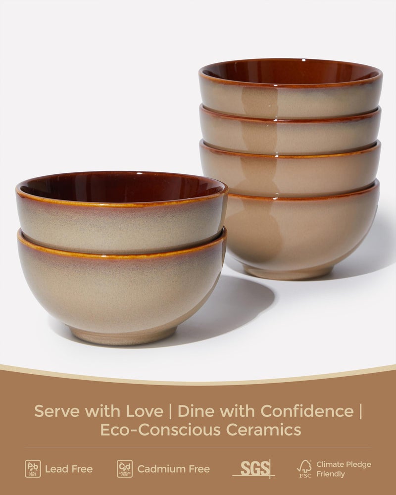 Pokini 5.5" Cereal Bowls & Dessert Bowls Set of 6-22 Oz Small Bowls for Kitchen-Ceramic Bowl for Cereal, Soup, Oatmeal, Salad, Ramen, Noodle, Rice, Yogurt-Dishwasher & Microwave Safe, Brown Yellow - Image 4