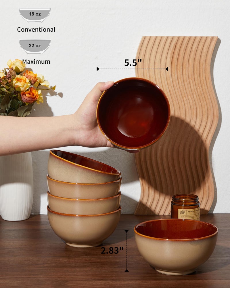Pokini 5.5" Cereal Bowls & Dessert Bowls Set of 6-22 Oz Small Bowls for Kitchen-Ceramic Bowl for Cereal, Soup, Oatmeal, Salad, Ramen, Noodle, Rice, Yogurt-Dishwasher & Microwave Safe, Brown Yellow - Image 2