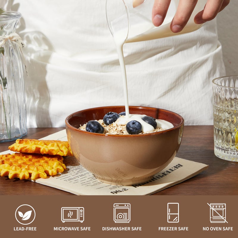 Pokini 5.5" Cereal Bowls & Dessert Bowls Set of 6-22 Oz Small Bowls for Kitchen-Ceramic Bowl for Cereal, Soup, Oatmeal, Salad, Ramen, Noodle, Rice, Yogurt-Dishwasher & Microwave Safe, Brown Yellow - Image 3
