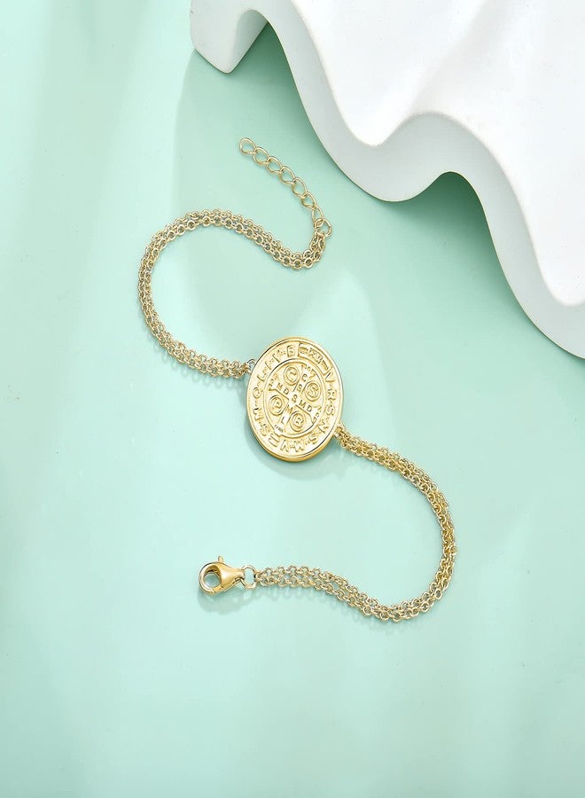 FJ 18K White Gold Plated Saint Benedict Bracelet 925 Sterling Silver Patron St Benedict Medal Protection Religious Jewelry for Men Women - Image 3