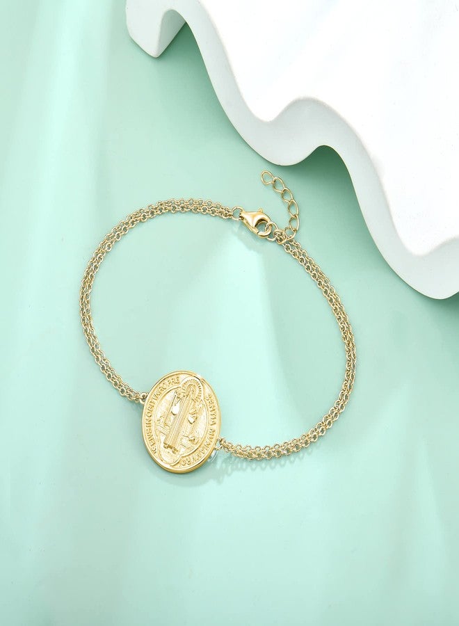 FJ 18K White Gold Plated Saint Benedict Bracelet 925 Sterling Silver Patron St Benedict Medal Protection Religious Jewelry for Men Women - Image 2