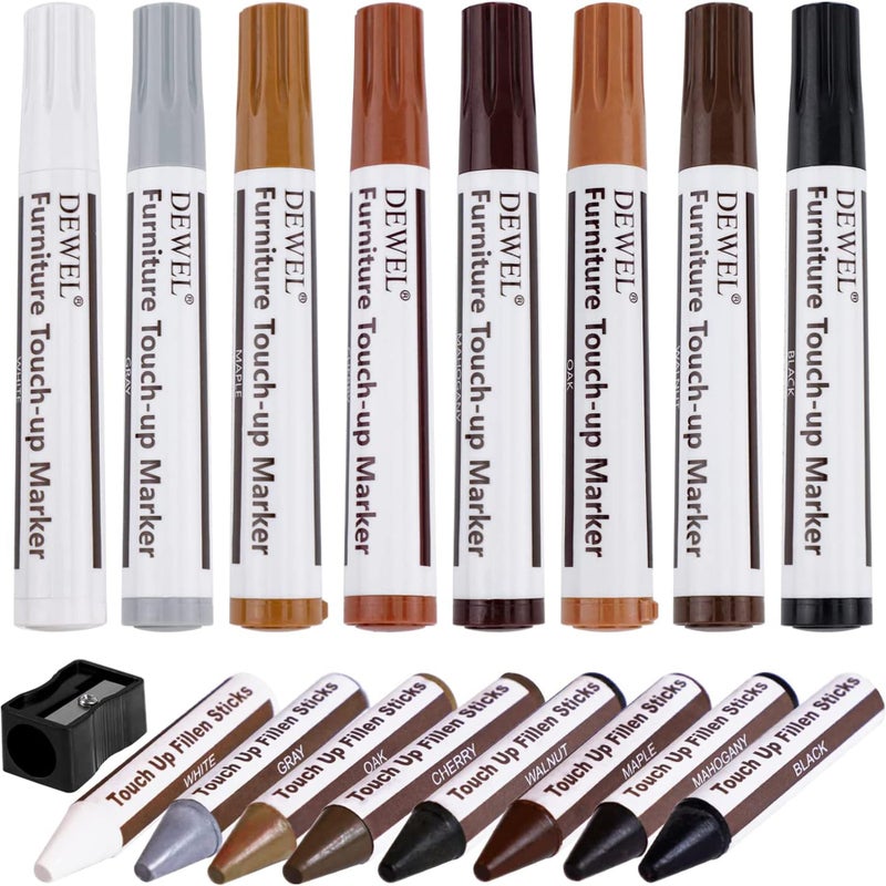 DEWEL Furniture Markers Touch Up Upgrade Wooden Furniture Repair Kit Premium Wood Scratch Repair Markers and Wax Sticks for Wood Stains Scratches Hardwood Floors Tables Set of 17
