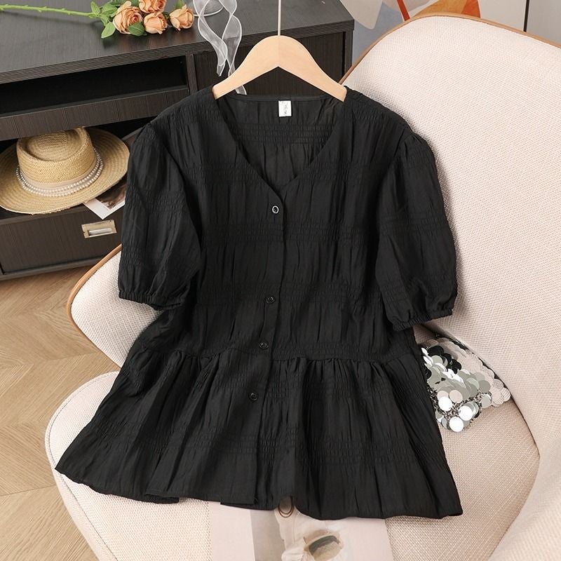 Spring and Summer Fashionable Belly-Covering, Age-Reducing Tops, Plus-Size Fat Design, Slimming Waist-Collared Short-Sleeved Tops for Women - Image 5