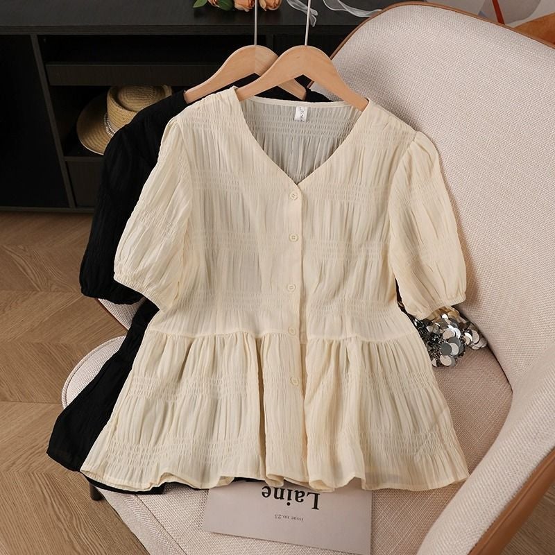 Spring and Summer Fashionable Belly-Covering, Age-Reducing Tops, Plus-Size Fat Design, Slimming Waist-Collared Short-Sleeved Tops for Women - Image 2