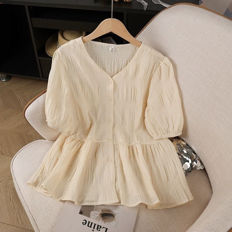 Spring and Summer Fashionable Belly-Covering, Age-Reducing Tops, Plus-Size Fat Design, Slimming Waist-Collared Short-Sleeved Tops for Women - Image 1