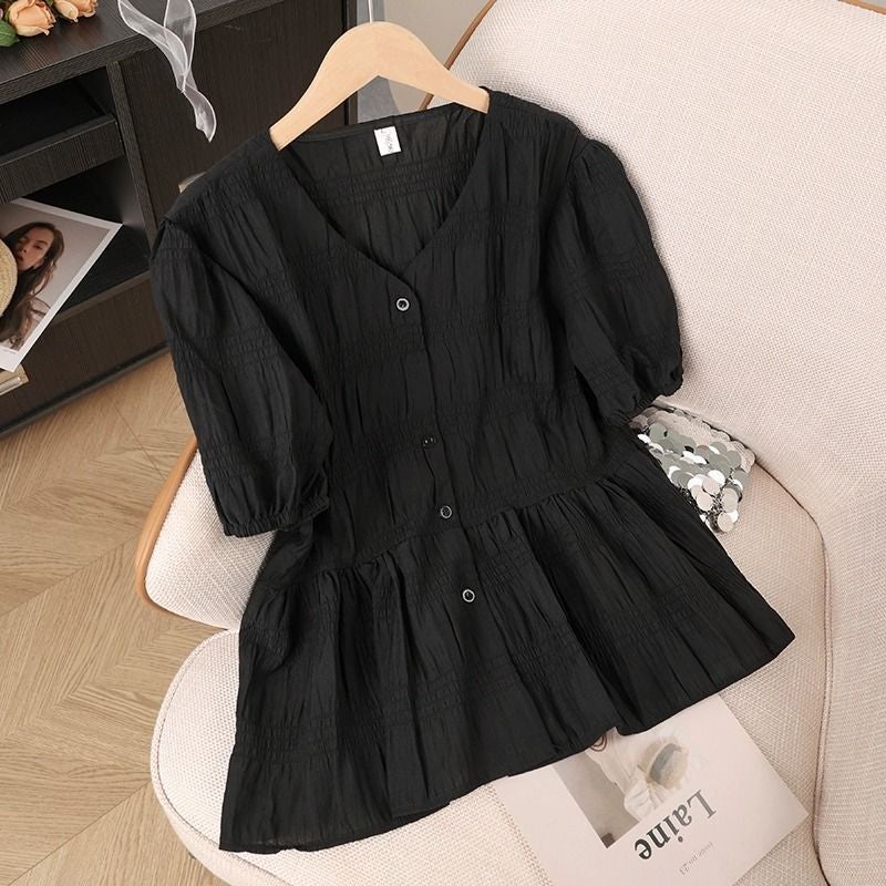 Spring and Summer Fashionable Belly-Covering, Age-Reducing Tops, Plus-Size Fat Design, Slimming Waist-Collared Short-Sleeved Tops for Women - Image 3