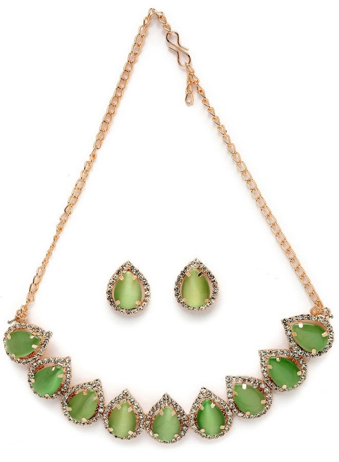 Sukkhi Elaborate Gold-Plated With AD Green Collar Bone Necklace Set With Drop Earrings | Jewellery Jewellery Set For Women (NS105704) - Image 1