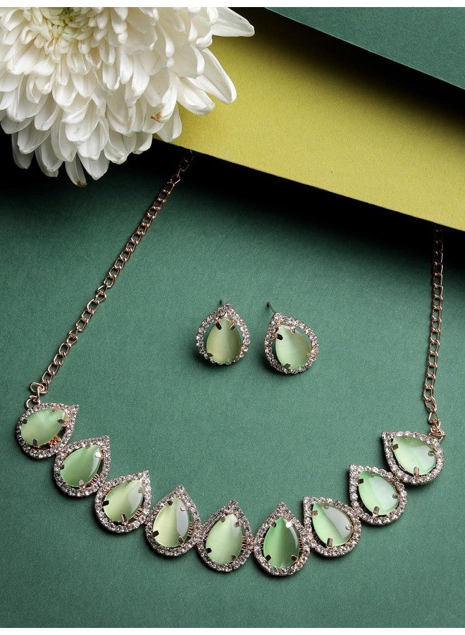 Sukkhi Elaborate Gold-Plated With AD Green Collar Bone Necklace Set With Drop Earrings | Jewellery Jewellery Set For Women (NS105704) - Image 4