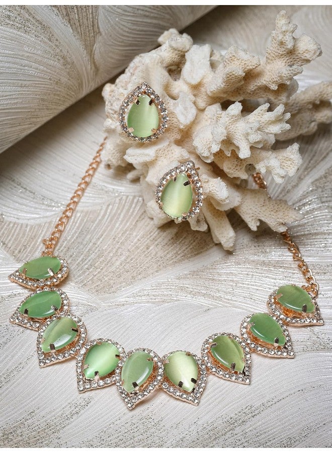 Sukkhi Elaborate Gold-Plated With AD Green Collar Bone Necklace Set With Drop Earrings | Jewellery Jewellery Set For Women (NS105704) - Image 3