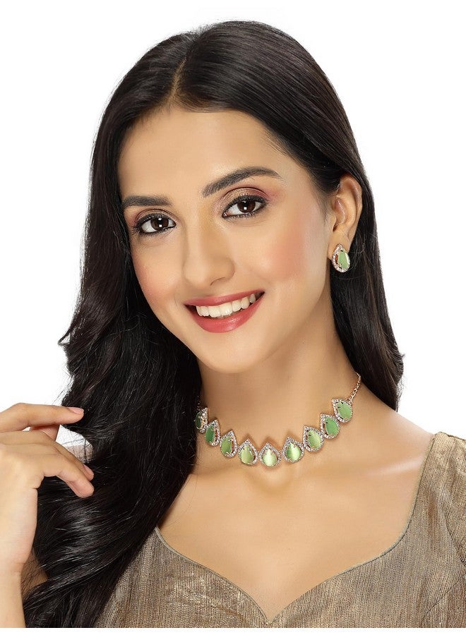 Sukkhi Elaborate Gold-Plated With AD Green Collar Bone Necklace Set With Drop Earrings | Jewellery Jewellery Set For Women (NS105704) - Image 2