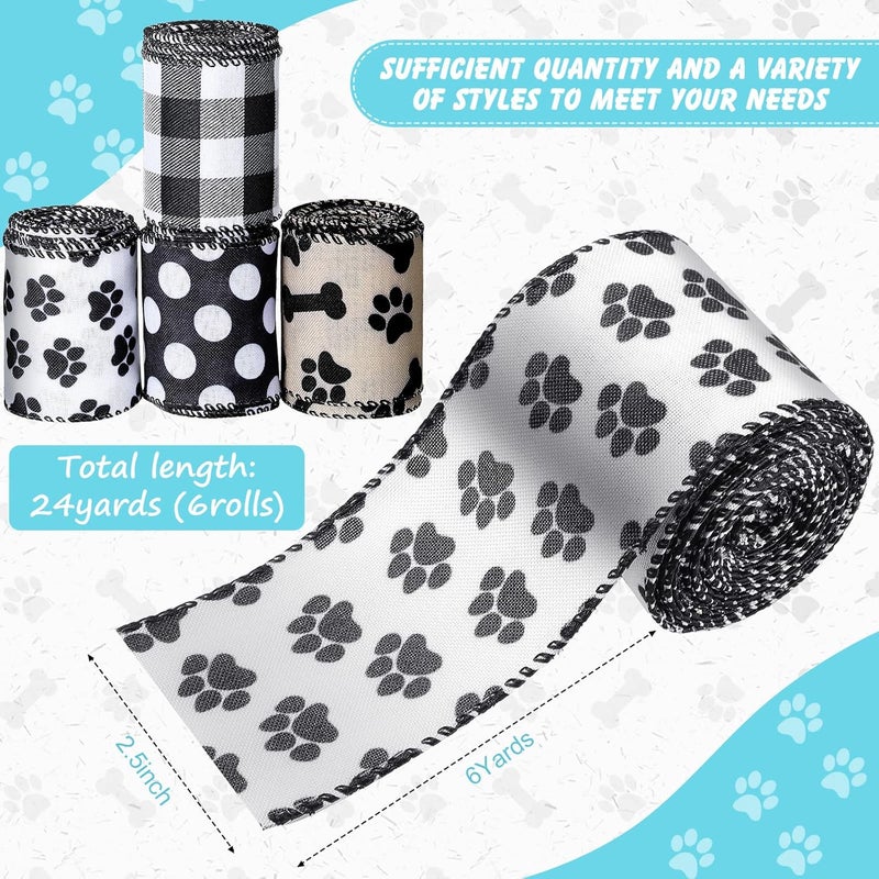 Canlierr 4 Rolls 24 Paw Print Ribbon 25 Inch Wire Dog Ribbon for Bows Making Themed Party Favor Gift DIY Decoration Home Decor Classic ColorDog Bone - Image 2