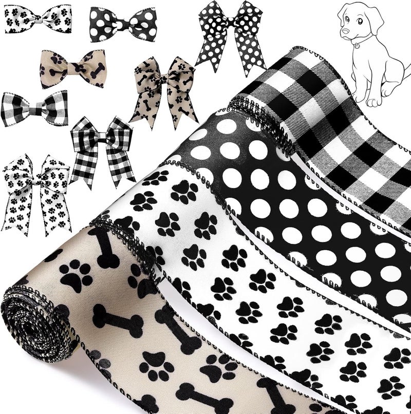 Canlierr 4 Rolls 24 Paw Print Ribbon 25 Inch Wire Dog Ribbon for Bows Making Themed Party Favor Gift DIY Decoration Home Decor Classic ColorDog Bone - Image 1