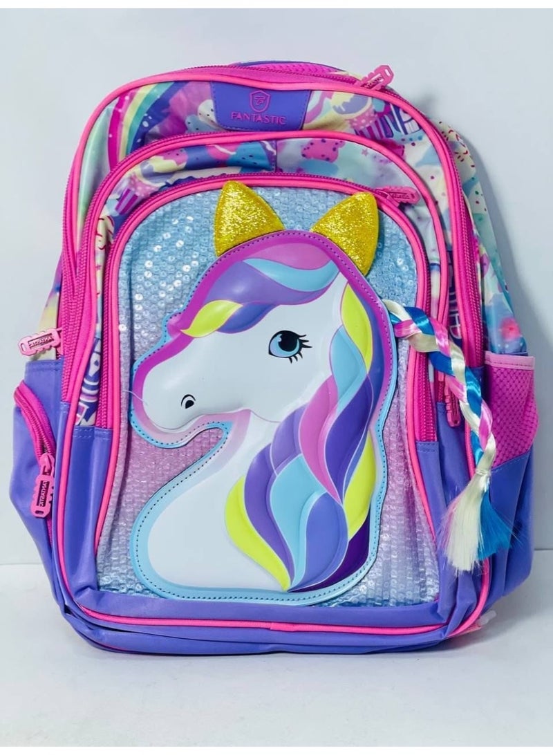 School bags made of waterproof material with a 3D embossed glitter finish. The bag comes in various Disney colors and designs. It has 4 zippers and measures 44 cm. - Image 1